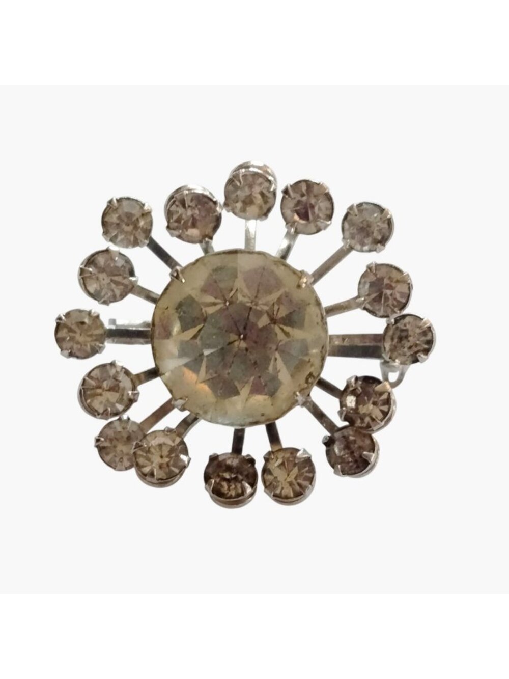 Rhinestone Starburst Pin Atomic Brooch Clear Stones Silver Tone Vintage MCM